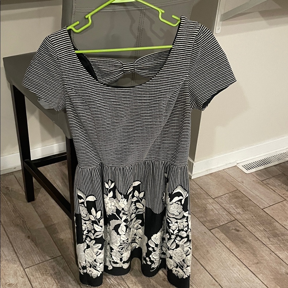 Striped Black and White Dress with Floral Design